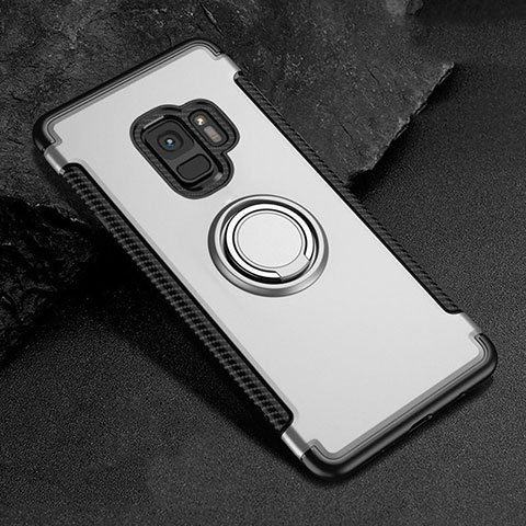 Coque Contour Silicone et Plastique Housse Etui Mat avec Magnetique Support Bague Anneau pour Samsung Galaxy S9 Argent