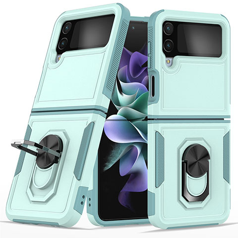 Coque Contour Silicone et Plastique Housse Etui Mat avec Magnetique Support Bague Anneau pour Samsung Galaxy Z Flip4 5G Cyan