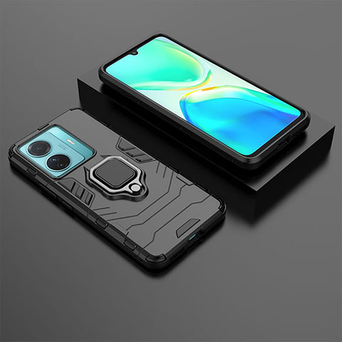 Coque Contour Silicone et Plastique Housse Etui Mat avec Magnetique Support Bague Anneau pour Vivo iQOO Z6 Pro 5G Noir