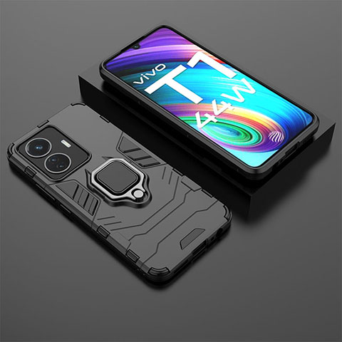 Coque Contour Silicone et Plastique Housse Etui Mat avec Magnetique Support Bague Anneau pour Vivo T1 4G Noir