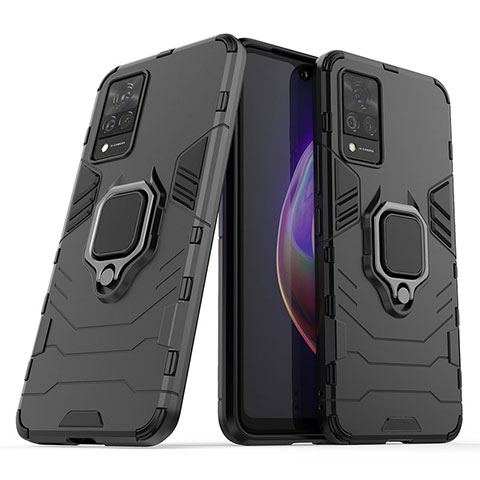 Coque Contour Silicone et Plastique Housse Etui Mat avec Magnetique Support Bague Anneau pour Vivo V21 5G Noir