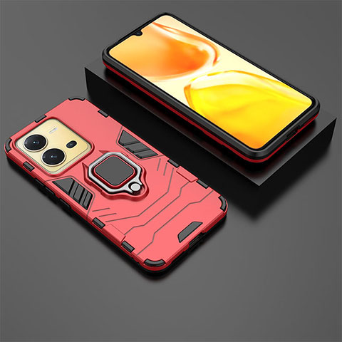 Coque Contour Silicone et Plastique Housse Etui Mat avec Magnetique Support Bague Anneau pour Vivo V25 5G Rouge