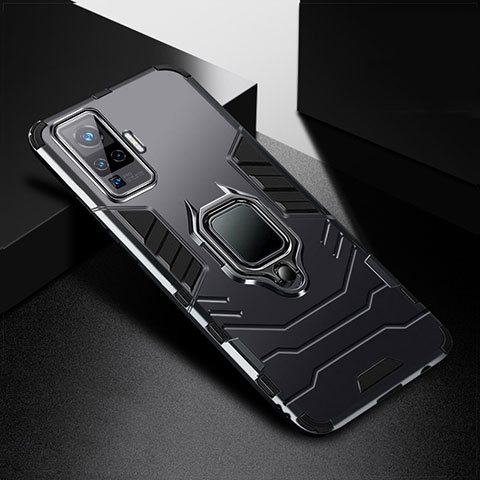 Coque Contour Silicone et Plastique Housse Etui Mat avec Magnetique Support Bague Anneau pour Vivo X50 Pro 5G Noir