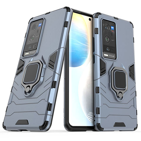 Coque Contour Silicone et Plastique Housse Etui Mat avec Magnetique Support Bague Anneau pour Vivo X60 Pro+ Plus 5G Bleu