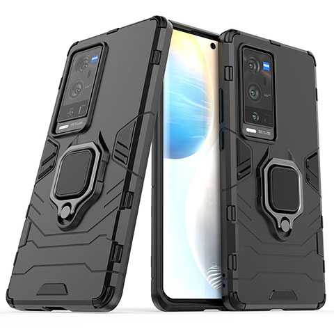 Coque Contour Silicone et Plastique Housse Etui Mat avec Magnetique Support Bague Anneau pour Vivo X60 Pro+ Plus 5G Noir