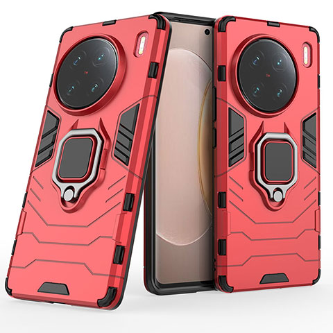 Coque Contour Silicone et Plastique Housse Etui Mat avec Magnetique Support Bague Anneau pour Vivo X90 Pro+ Plus 5G Rouge