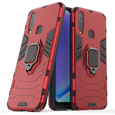 Coque Contour Silicone et Plastique Housse Etui Mat avec Magnetique Support Bague Anneau pour Vivo Y12 Rouge