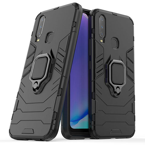 Coque Contour Silicone et Plastique Housse Etui Mat avec Magnetique Support Bague Anneau pour Vivo Y3s Noir