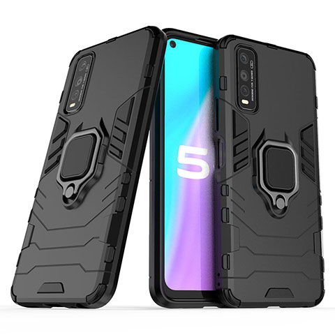 Coque Contour Silicone et Plastique Housse Etui Mat avec Magnetique Support Bague Anneau pour Vivo Y70t 5G Noir