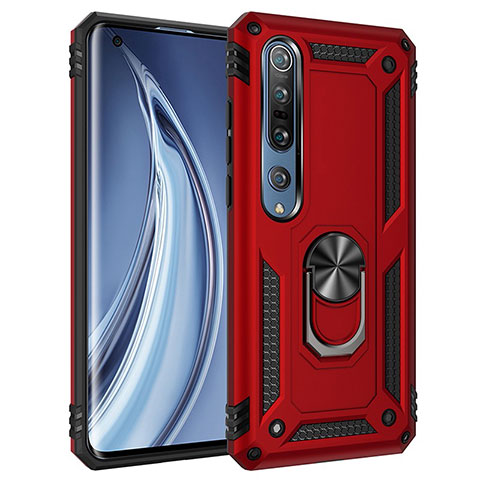 Coque Contour Silicone et Plastique Housse Etui Mat avec Magnetique Support Bague Anneau pour Xiaomi Mi 10 Pro Rouge