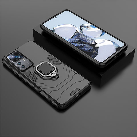 Coque Contour Silicone et Plastique Housse Etui Mat avec Magnetique Support Bague Anneau pour Xiaomi Mi 12T 5G Noir