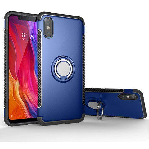 Coque Contour Silicone et Plastique Housse Etui Mat avec Magnetique Support Bague Anneau pour Xiaomi Mi 8 Pro Global Version Bleu