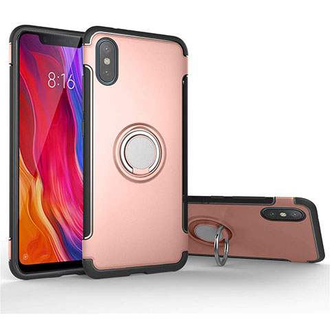 Coque Contour Silicone et Plastique Housse Etui Mat avec Magnetique Support Bague Anneau pour Xiaomi Mi 8 Pro Global Version Or Rose