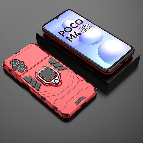 Coque Contour Silicone et Plastique Housse Etui Mat avec Magnetique Support Bague Anneau pour Xiaomi Poco M4 5G Rouge