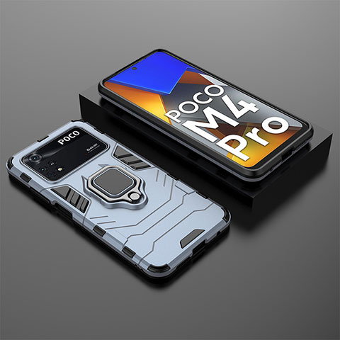 Coque Contour Silicone et Plastique Housse Etui Mat avec Magnetique Support Bague Anneau pour Xiaomi Poco M4 Pro 4G Bleu