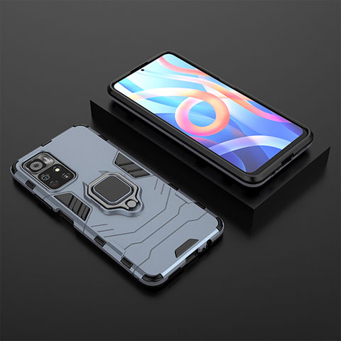 Coque Contour Silicone et Plastique Housse Etui Mat avec Magnetique Support Bague Anneau pour Xiaomi Poco M4 Pro 5G Bleu