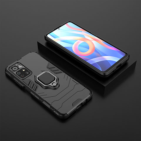 Coque Contour Silicone et Plastique Housse Etui Mat avec Magnetique Support Bague Anneau pour Xiaomi Poco M4 Pro 5G Noir