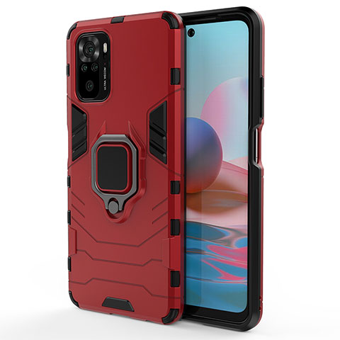 Coque Contour Silicone et Plastique Housse Etui Mat avec Magnetique Support Bague Anneau pour Xiaomi Poco M5S Rouge