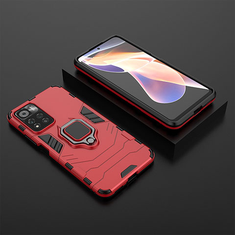 Coque Contour Silicone et Plastique Housse Etui Mat avec Magnetique Support Bague Anneau pour Xiaomi Poco X4 NFC Rouge