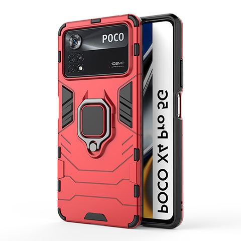 Coque Contour Silicone et Plastique Housse Etui Mat avec Magnetique Support Bague Anneau pour Xiaomi Poco X4 Pro 5G Rouge