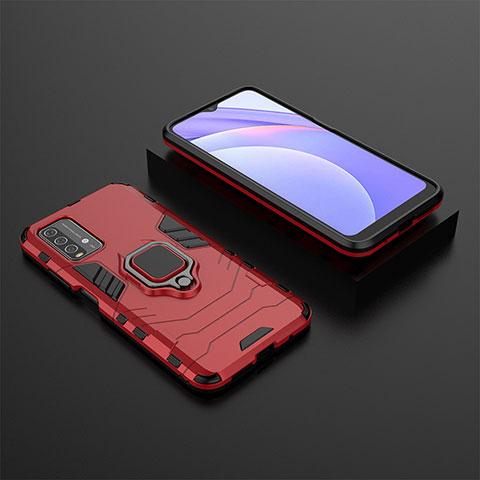 Coque Contour Silicone et Plastique Housse Etui Mat avec Magnetique Support Bague Anneau pour Xiaomi Redmi 9 Power Rouge