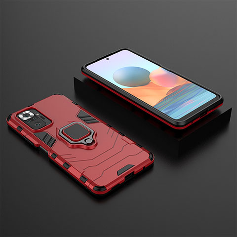 Coque Contour Silicone et Plastique Housse Etui Mat avec Magnetique Support Bague Anneau pour Xiaomi Redmi Note 10 Pro Max Rouge