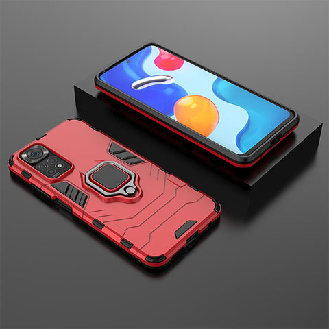 Coque Contour Silicone et Plastique Housse Etui Mat avec Magnetique Support Bague Anneau pour Xiaomi Redmi Note 11 4G (2022) Rouge