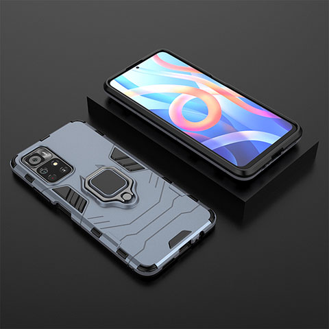 Coque Contour Silicone et Plastique Housse Etui Mat avec Magnetique Support Bague Anneau pour Xiaomi Redmi Note 11 5G Bleu