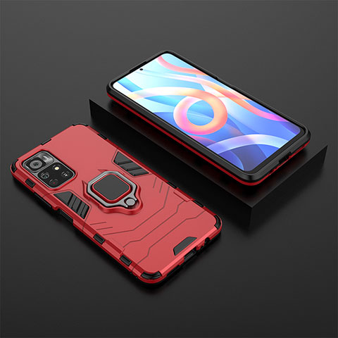 Coque Contour Silicone et Plastique Housse Etui Mat avec Magnetique Support Bague Anneau pour Xiaomi Redmi Note 11 5G Rouge