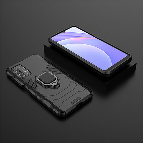 Coque Contour Silicone et Plastique Housse Etui Mat avec Magnetique Support Bague Anneau pour Xiaomi Redmi Note 9 4G Noir