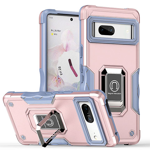 Coque Contour Silicone et Plastique Housse Etui Mat avec Magnetique Support Bague Anneau QW1 pour Google Pixel 7 5G Or Rose