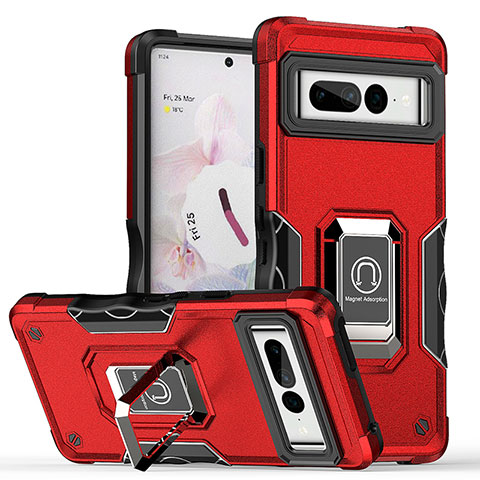 Coque Contour Silicone et Plastique Housse Etui Mat avec Magnetique Support Bague Anneau QW1 pour Google Pixel 7 Pro 5G Rouge