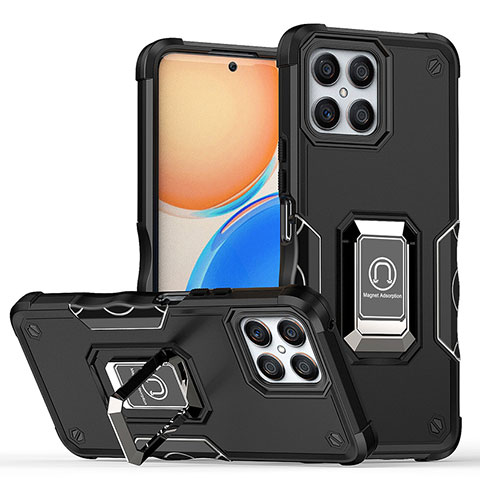 Coque Contour Silicone et Plastique Housse Etui Mat avec Magnetique Support Bague Anneau QW1 pour Huawei Honor X8 4G Noir