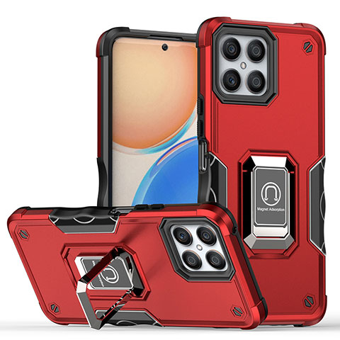 Coque Contour Silicone et Plastique Housse Etui Mat avec Magnetique Support Bague Anneau QW1 pour Huawei Honor X8 4G Rouge