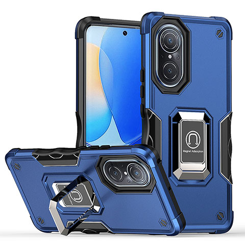 Coque Contour Silicone et Plastique Housse Etui Mat avec Magnetique Support Bague Anneau QW1 pour Huawei Nova 9 Bleu