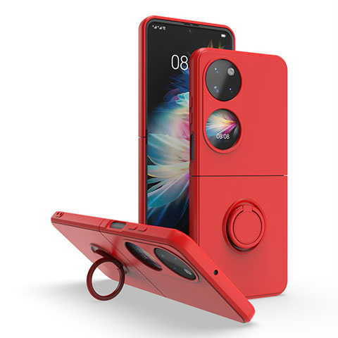 Coque Contour Silicone et Plastique Housse Etui Mat avec Magnetique Support Bague Anneau QW1 pour Huawei P60 Pocket Rouge