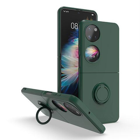 Coque Contour Silicone et Plastique Housse Etui Mat avec Magnetique Support Bague Anneau QW1 pour Huawei P60 Pocket Vert Nuit