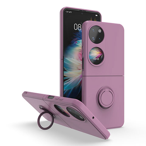 Coque Contour Silicone et Plastique Housse Etui Mat avec Magnetique Support Bague Anneau QW1 pour Huawei P60 Pocket Violet