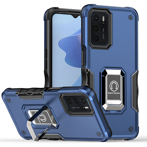 Coque Contour Silicone et Plastique Housse Etui Mat avec Magnetique Support Bague Anneau QW1 pour Oppo A16s Bleu