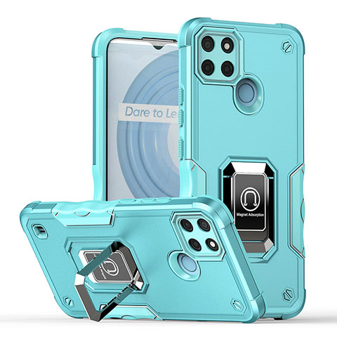 Coque Contour Silicone et Plastique Housse Etui Mat avec Magnetique Support Bague Anneau QW1 pour Realme C21Y Bleu Clair