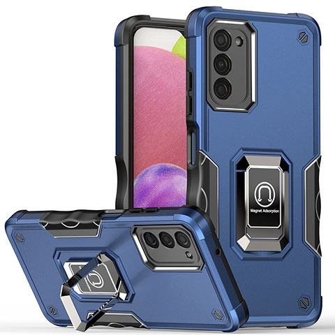 Coque Contour Silicone et Plastique Housse Etui Mat avec Magnetique Support Bague Anneau QW1 pour Samsung Galaxy A03s Bleu