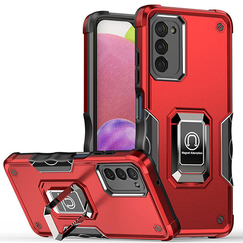 Coque Contour Silicone et Plastique Housse Etui Mat avec Magnetique Support Bague Anneau QW1 pour Samsung Galaxy A03s Rouge