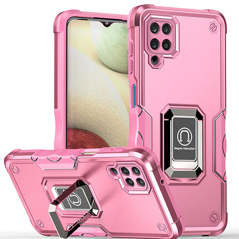 Coque Contour Silicone et Plastique Housse Etui Mat avec Magnetique Support Bague Anneau QW1 pour Samsung Galaxy A12 Nacho Or Rose