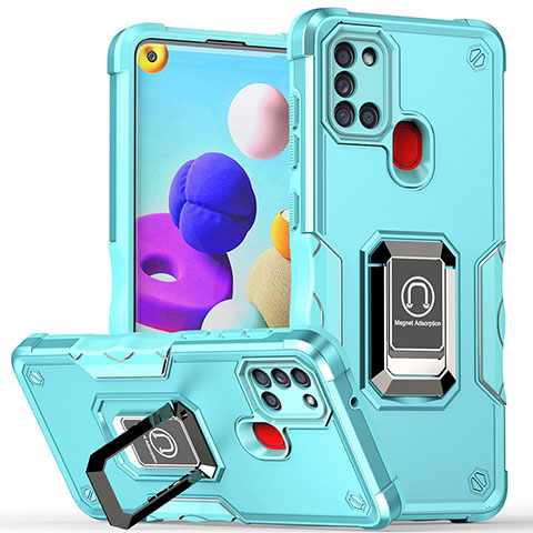 Coque Contour Silicone et Plastique Housse Etui Mat avec Magnetique Support Bague Anneau QW1 pour Samsung Galaxy A21s Bleu Clair