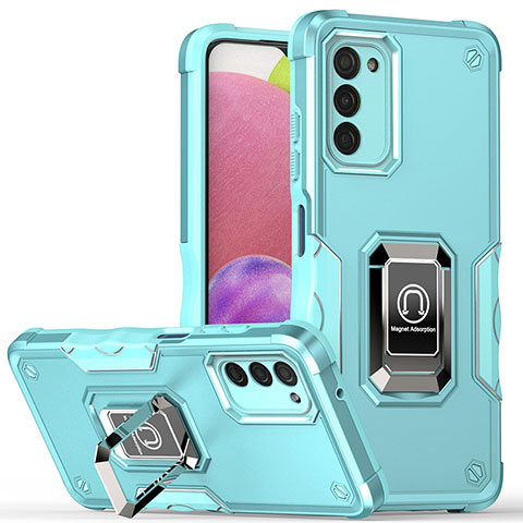 Coque Contour Silicone et Plastique Housse Etui Mat avec Magnetique Support Bague Anneau QW1 pour Samsung Galaxy F02S SM-E025F Bleu Clair