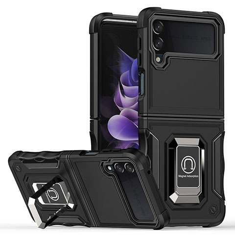 Coque Contour Silicone et Plastique Housse Etui Mat avec Magnetique Support Bague Anneau QW1 pour Samsung Galaxy Z Flip4 5G Noir