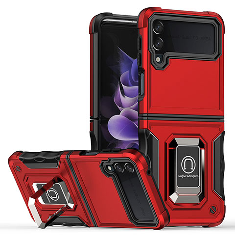 Coque Contour Silicone et Plastique Housse Etui Mat avec Magnetique Support Bague Anneau QW1 pour Samsung Galaxy Z Flip4 5G Rouge