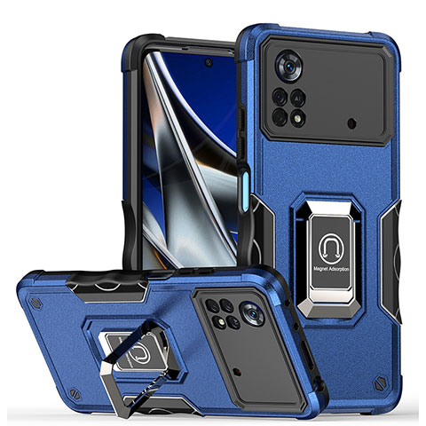 Coque Contour Silicone et Plastique Housse Etui Mat avec Magnetique Support Bague Anneau QW1 pour Xiaomi Poco M4 Pro 4G Bleu