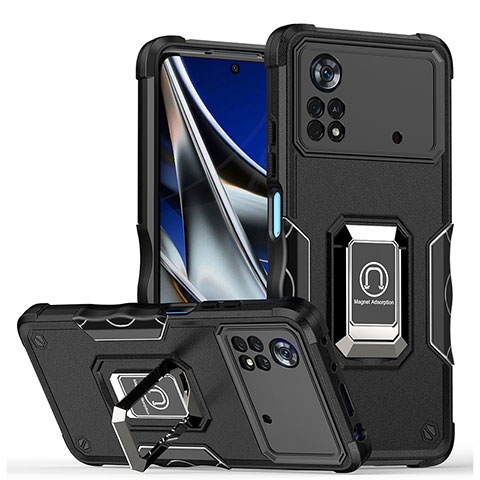 Coque Contour Silicone et Plastique Housse Etui Mat avec Magnetique Support Bague Anneau QW1 pour Xiaomi Poco M4 Pro 4G Noir