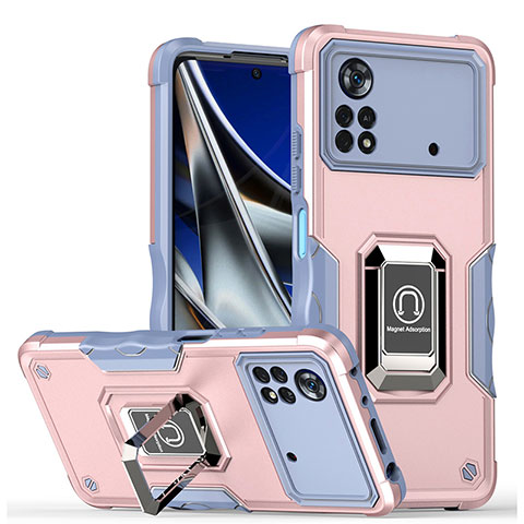 Coque Contour Silicone et Plastique Housse Etui Mat avec Magnetique Support Bague Anneau QW1 pour Xiaomi Poco M4 Pro 4G Rose